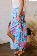 Sky Blue Floral Printed High Waist Split Wrap Long Skirt