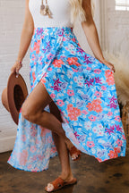 Sky Blue Floral Printed High Waist Split Wrap Long Skirt
