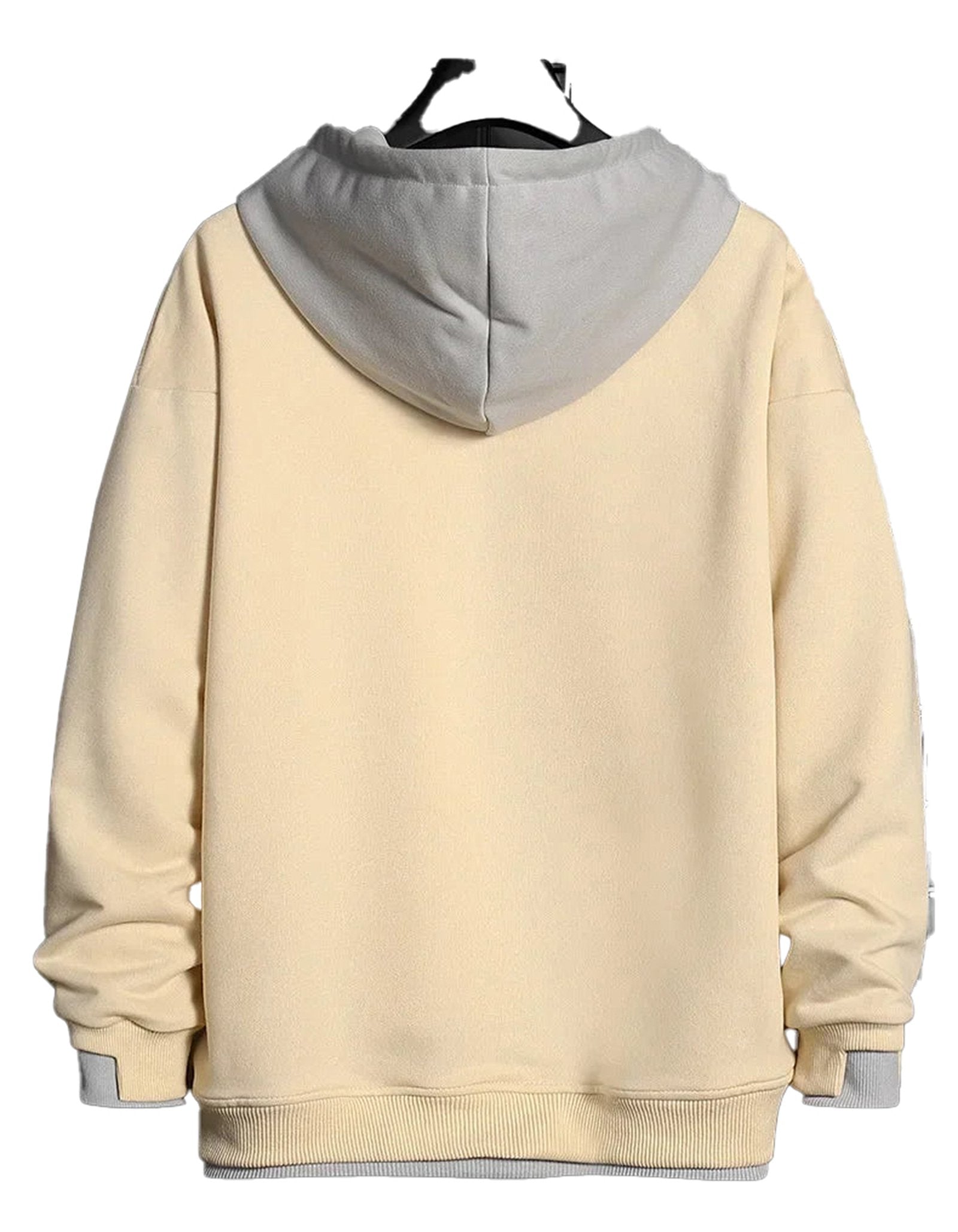 Back view of a beige Korean streetwear hoodie men with a contrasting gray hood and relaxed fit