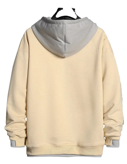 Back view of a beige Korean streetwear hoodie men with a contrasting gray hood and relaxed fit