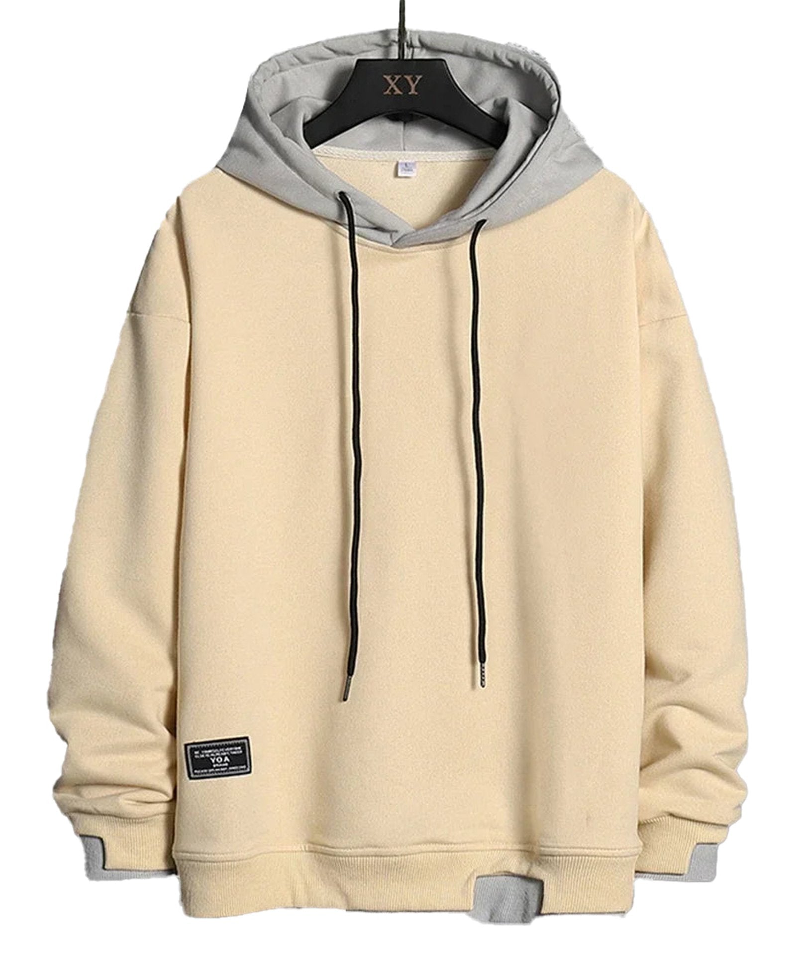 LuckeLadybug Men's Korean Streetwear Hoodie in Cream with Contrasting Gray Hood and Drawstrings