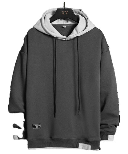 LuckeLadybug LLC Korean streetwear hoodie men in gray with a stylish layered design.