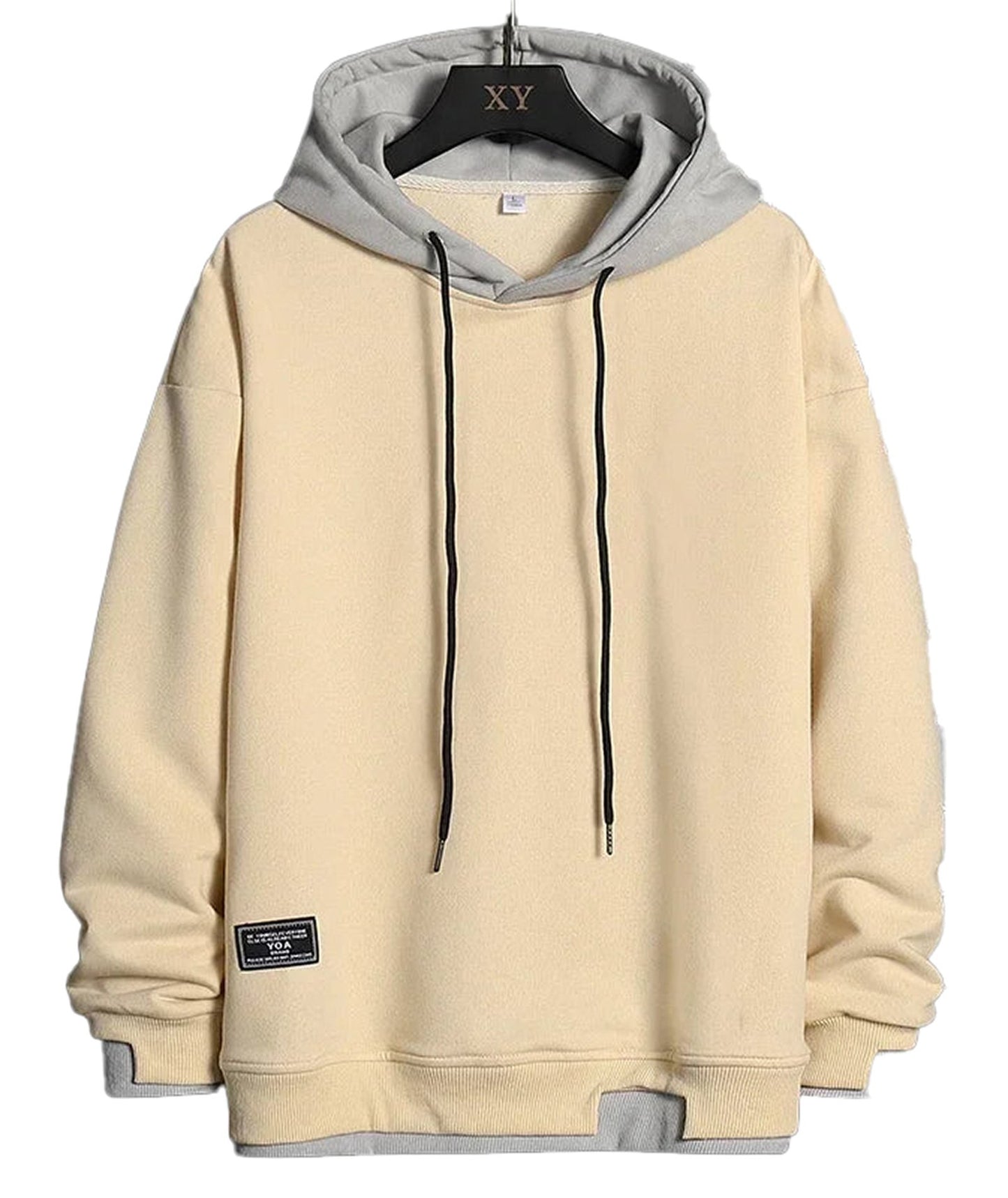 LuckeLadybug LLC Korean streetwear hoodie men in cream and grey with adjustable drawstrings