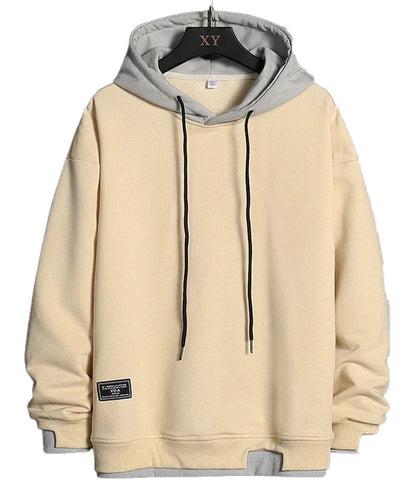 LuckeLadybug LLC Korean streetwear hoodie men in cream and grey with adjustable drawstrings