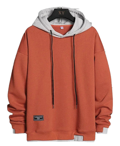 LuckeLadybug Korean streetwear hoodie men in rust color with a stylish layered look and adjustable hood