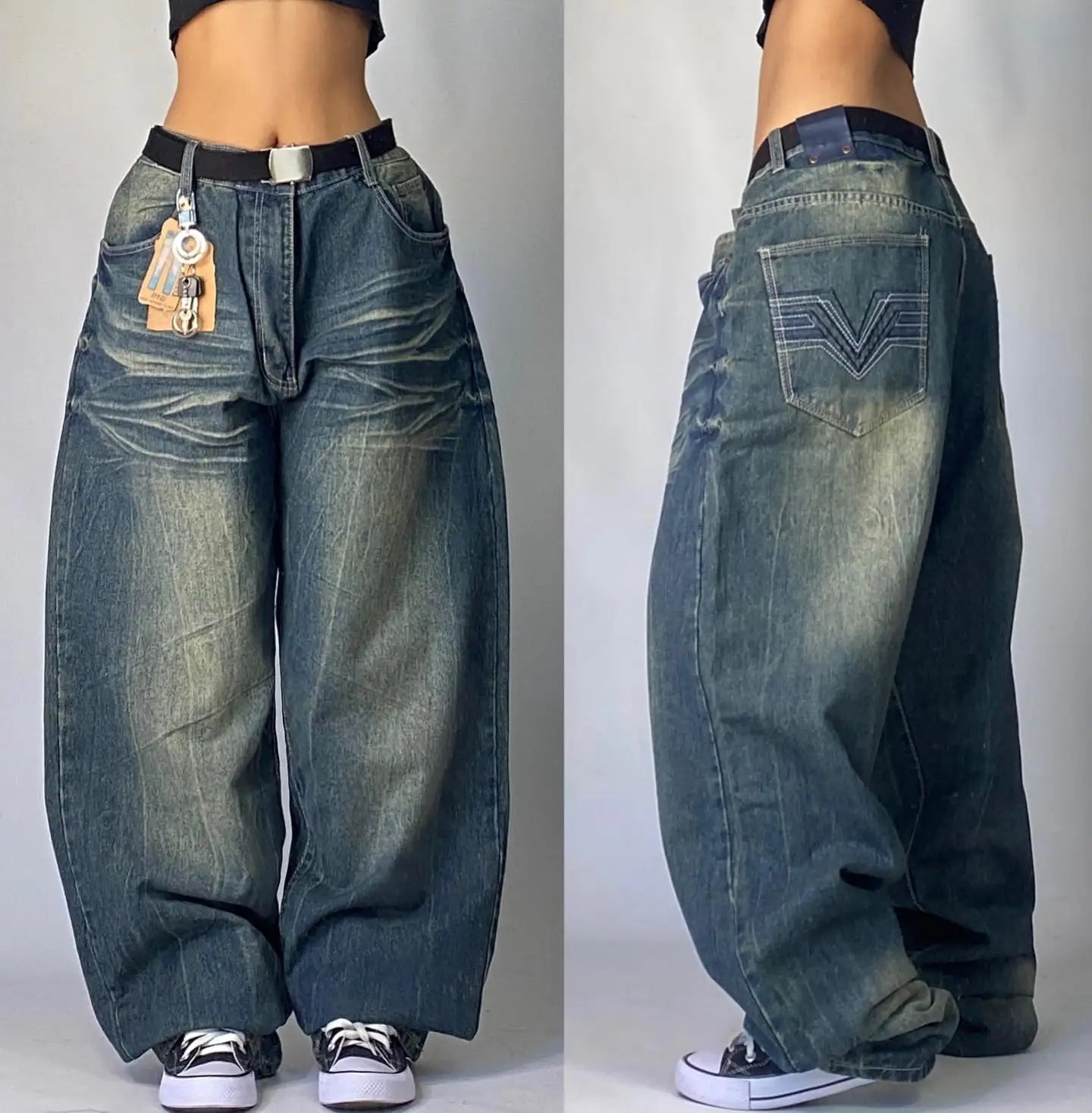 Y2K baggy jeans for men and women featuring wide leg design and a vintage wash