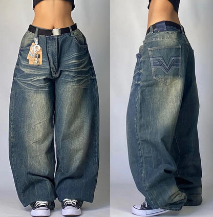 Y2K baggy jeans for men and women featuring wide leg design and a vintage wash