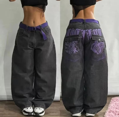 Y2K baggy jeans for men and women featuring a stylish design with a unique belt and graphic details