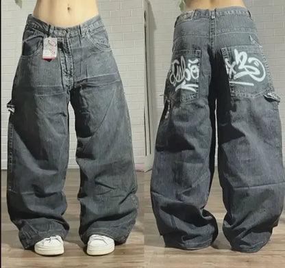 Stylish Y2K baggy jeans for men and women with a trendy graffiti design and relaxed fit