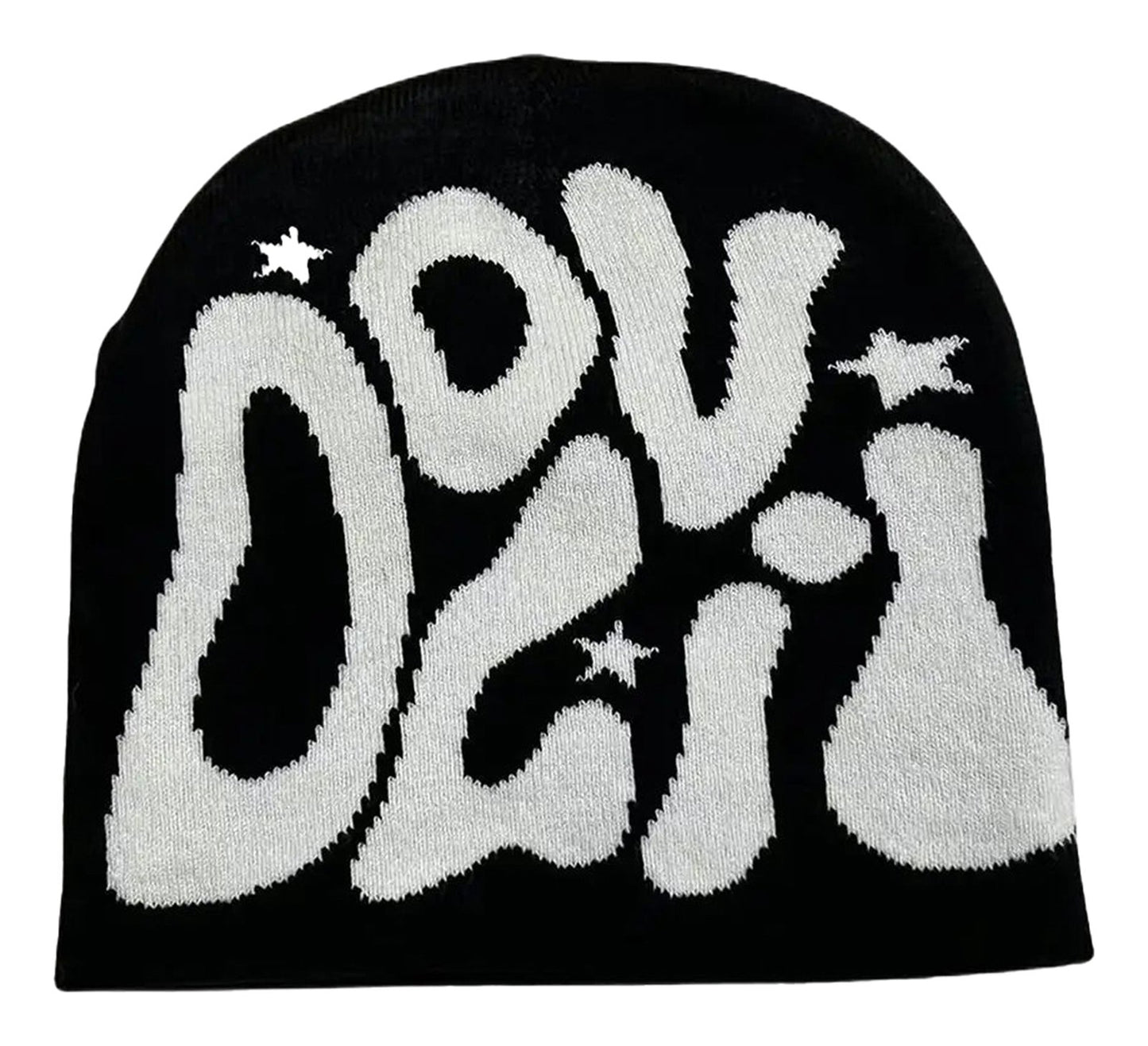 Black Y2K beanie for women and men with bold white graphic design and star accents