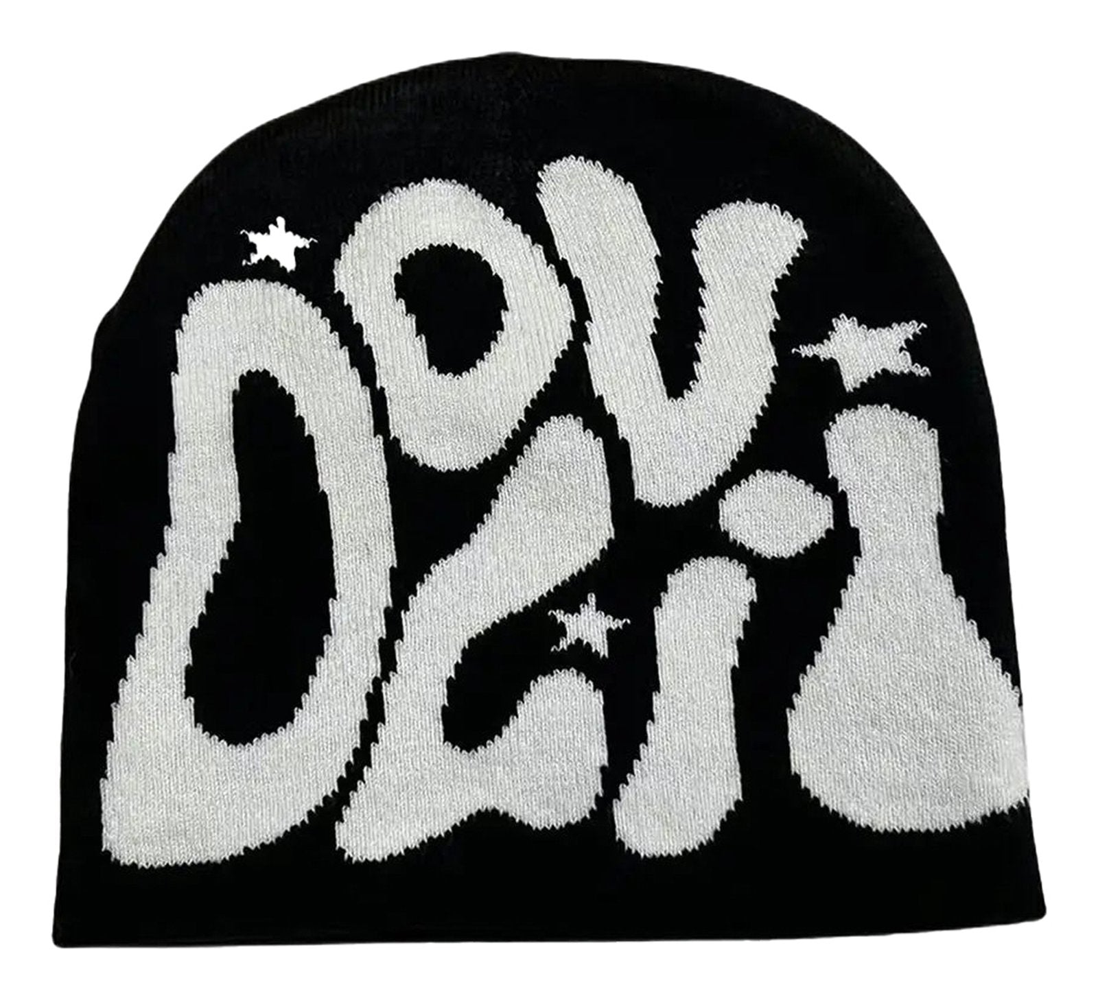 Black Y2K beanie for women and men with bold white graphic design and star accents