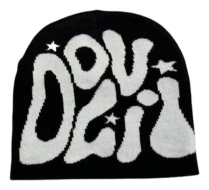 Black Y2K beanie for women and men with bold white graphic design and star accents