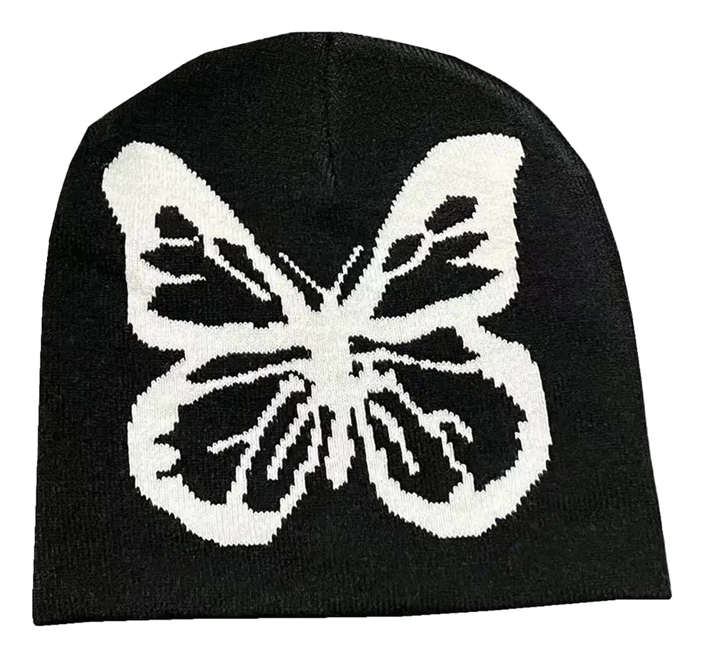 Black LuckeLadybug LLC beanie featuring a large white butterfly design, perfect Y2K beanies for women and men