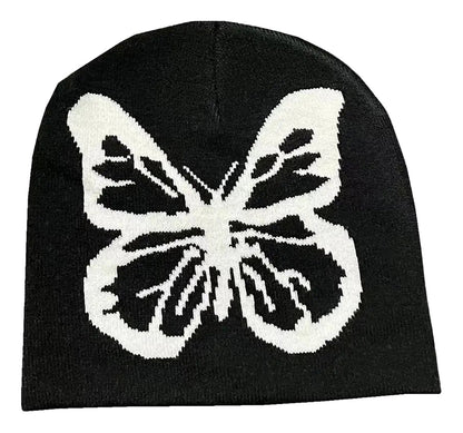 Black LuckeLadybug LLC beanie featuring a large white butterfly design, perfect Y2K beanies for women and men