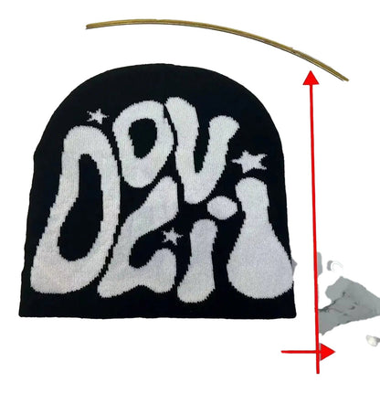 Trendy black Y2K beanie with bold white graphic design suitable for women and men