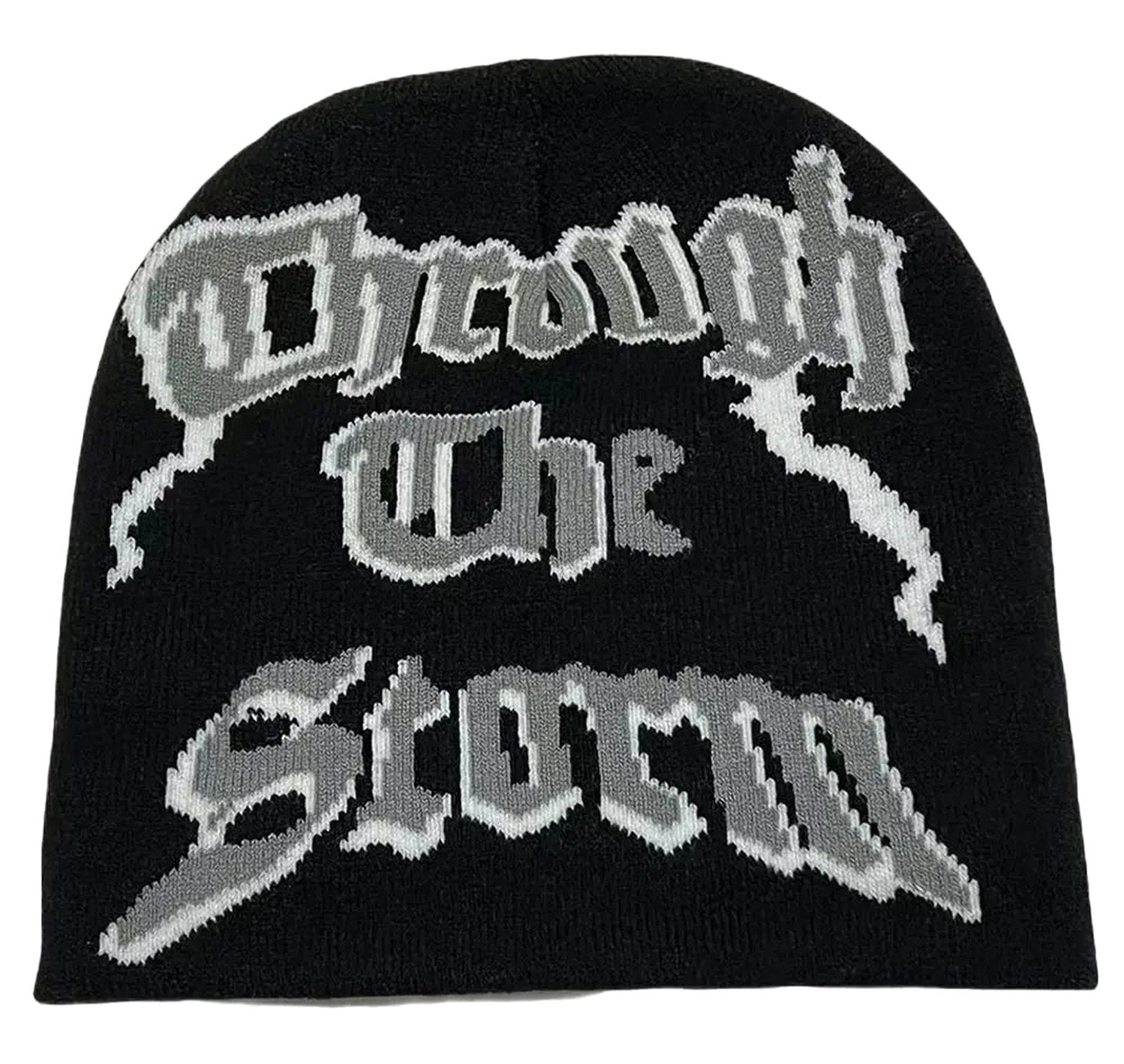 Black Y2K beanie for women and men with intricate 'Through The Storm' design in grey
