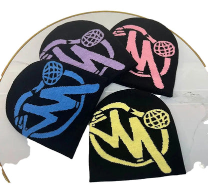 Colorful Y2K beanies for women and men featuring unique graphic designs in various colors