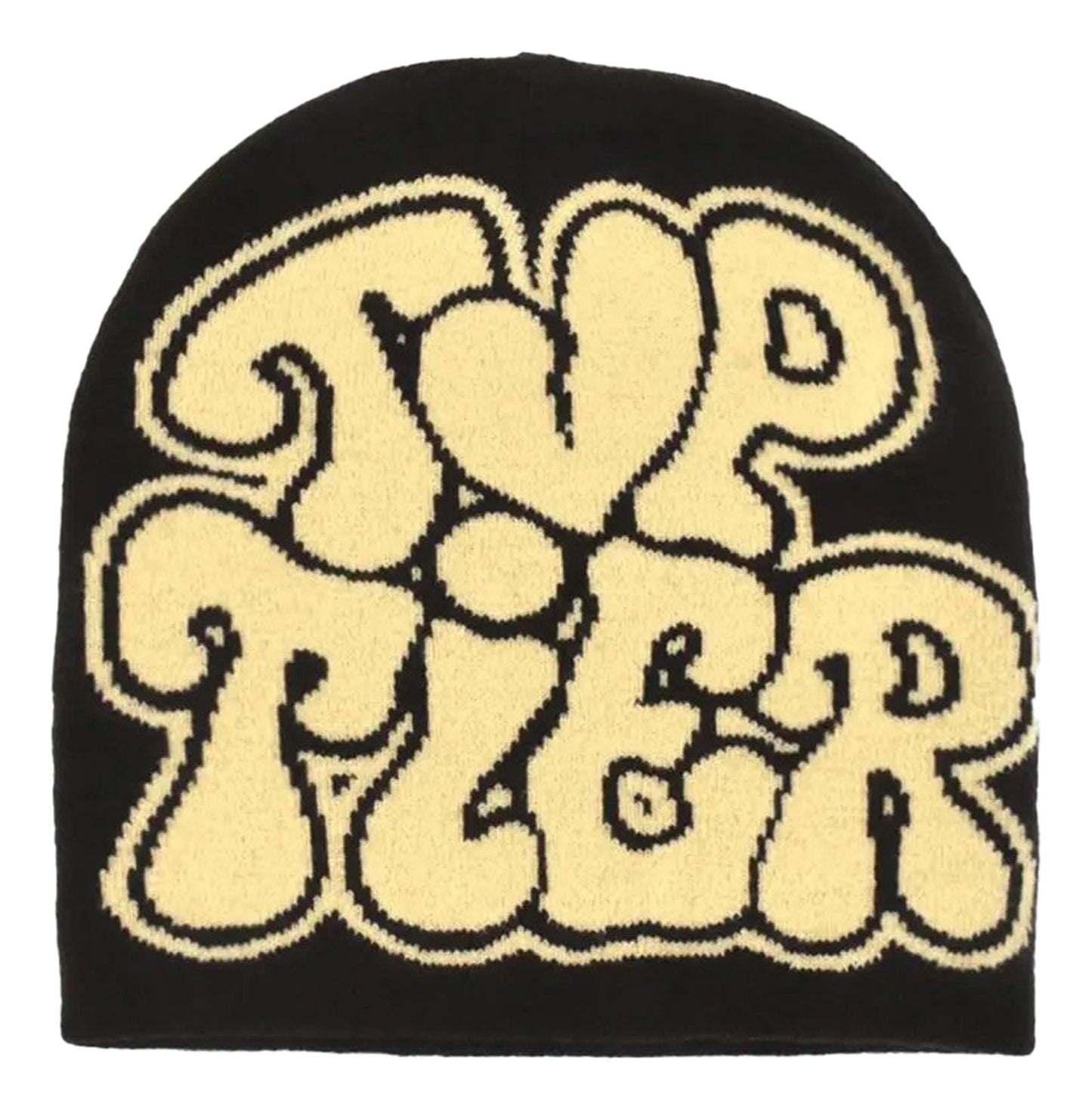 Black LuckeLadybug LLC Y2K beanie for women and men with fun tier design in cream color