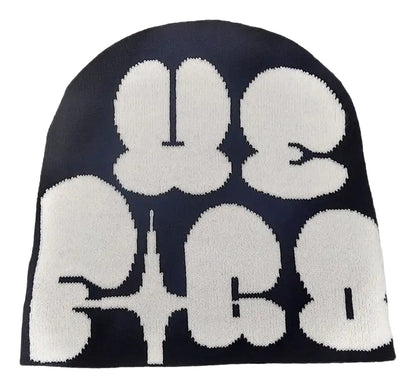LuckeLadybug Y2K beanies for women and men featuring bold graphic design in black and white