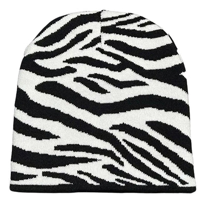 Zebra Print Beanie from LuckeLadybug LLC, stylish Y2K beanies for women and men for trendy winter looks