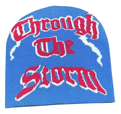 Blue Y2K beanie for women and men with 'Through The Storm' graphic design