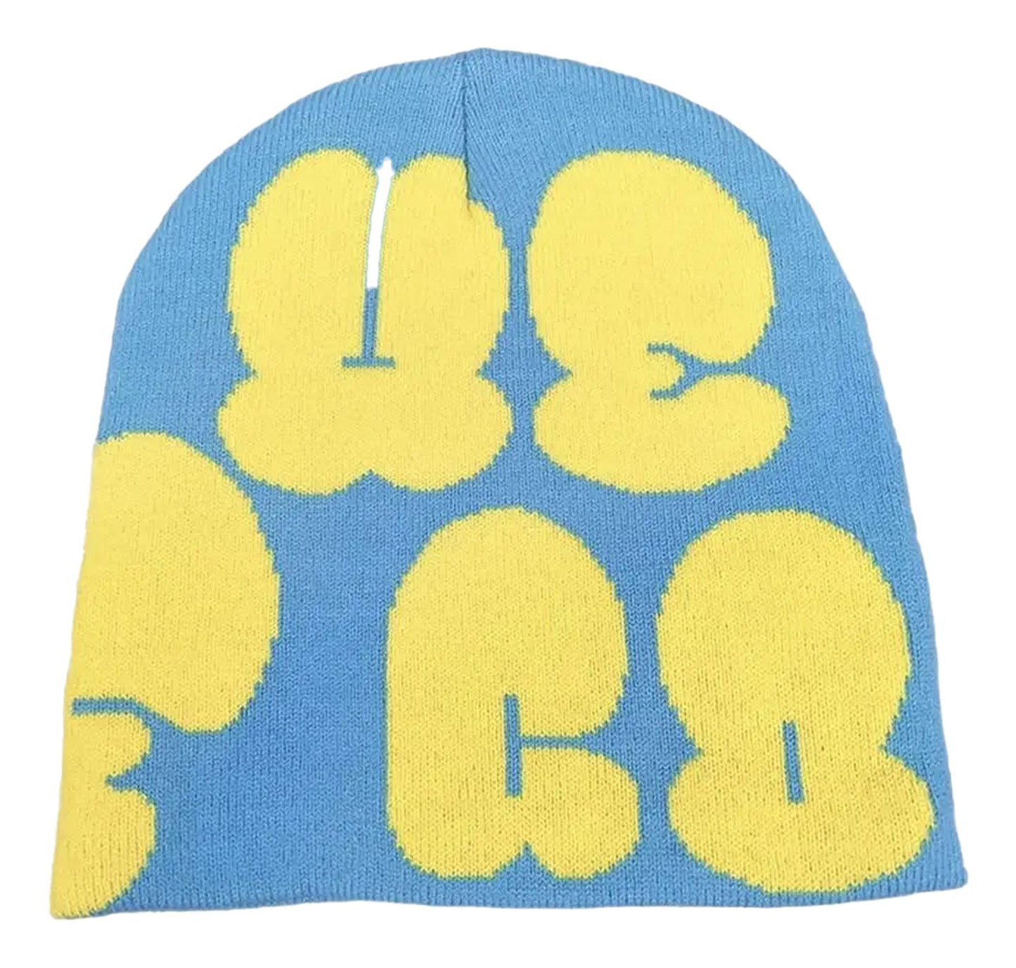 Bright blue and yellow Y2K beanie for women and men with playful graphic design