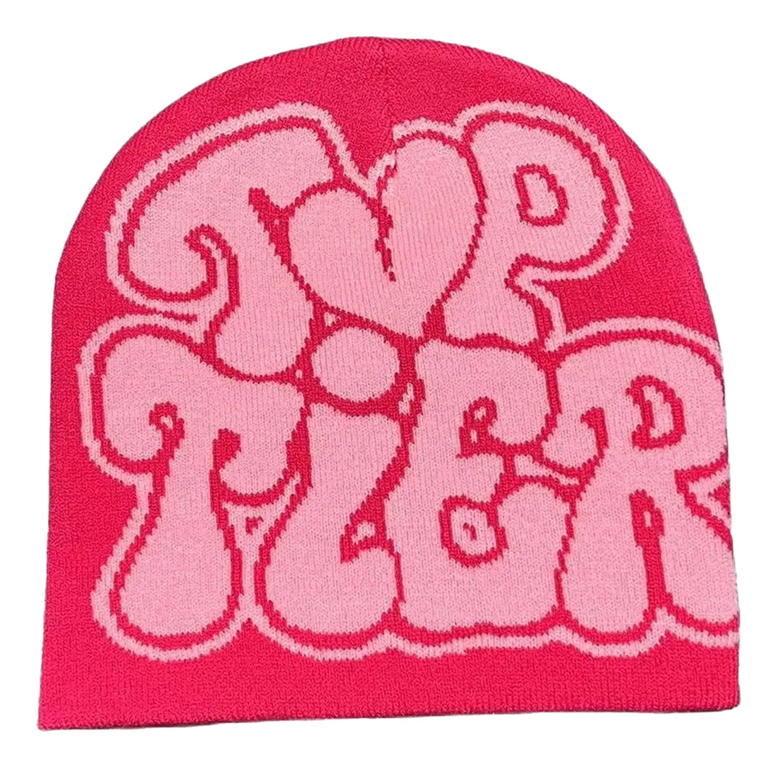 Pink Y2K beanies for women and men featuring bold white Top Tiger design for stylish winter wear