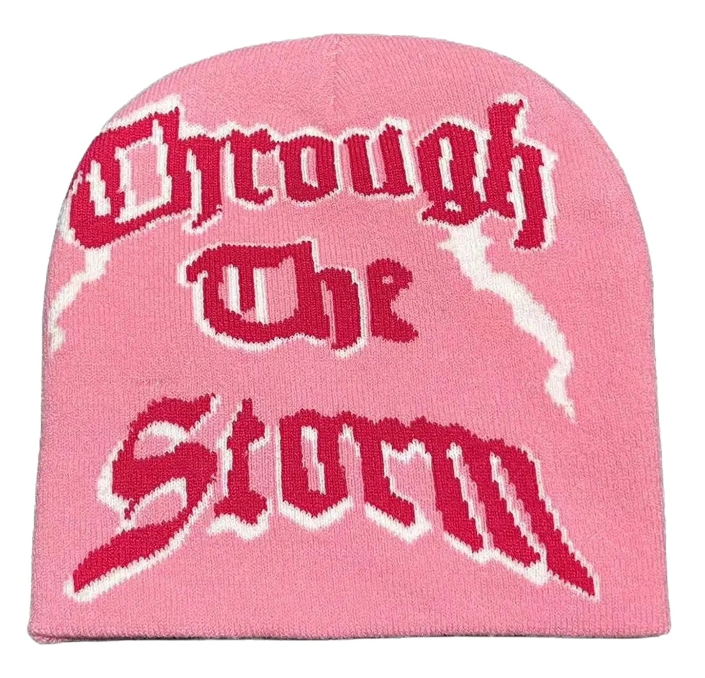 Pink luckeLadybug beanie with 'Through The Storm' design, perfect Y2K beanies for women and men