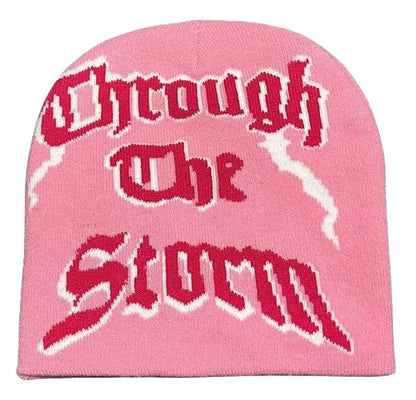 Pink luckeLadybug beanie with 'Through The Storm' design, perfect Y2K beanies for women and men