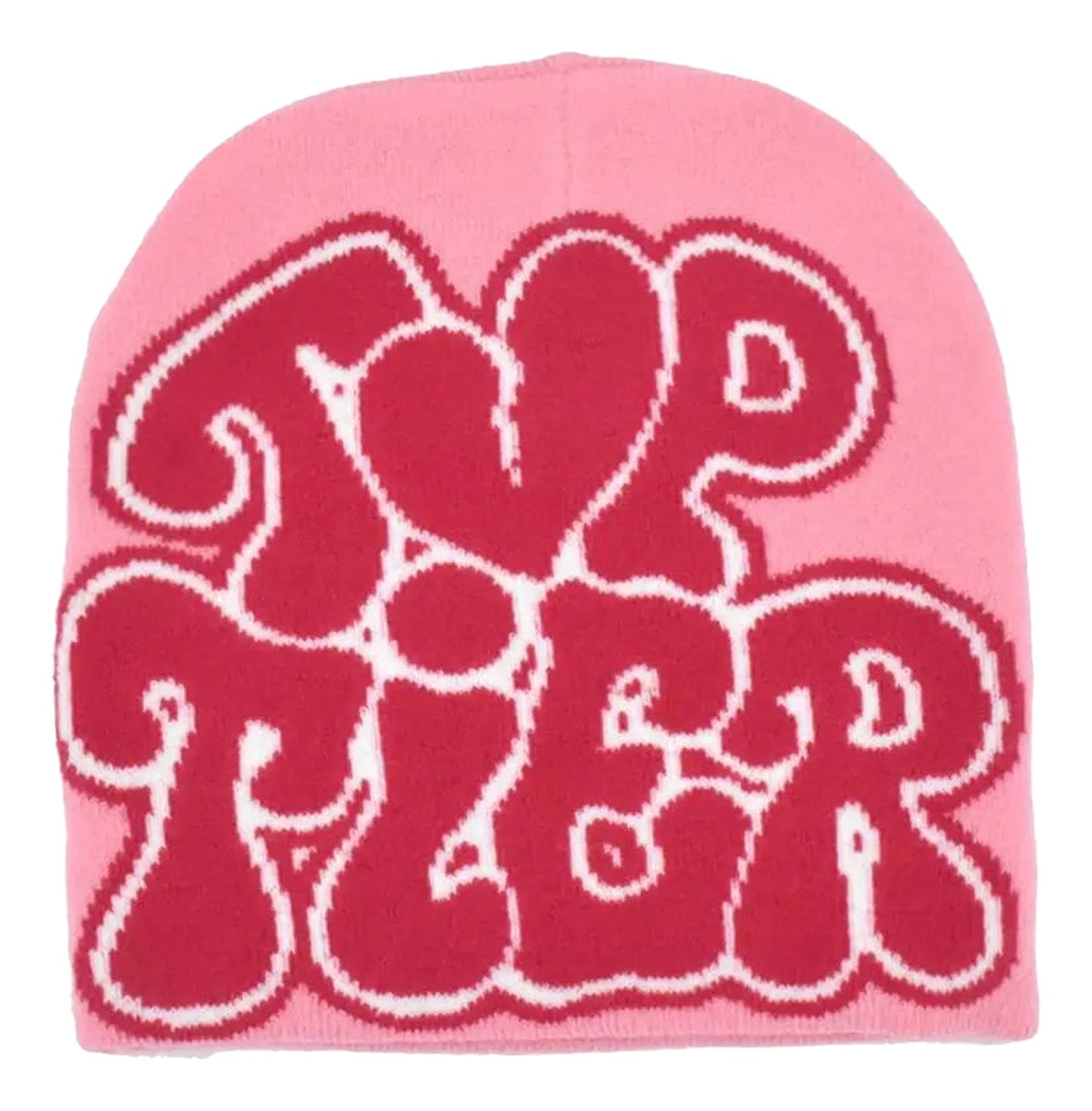 Pink Top Tier Y2K beanie for women and men with bold retro lettering design