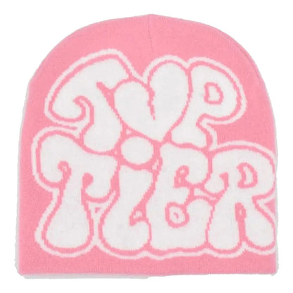 Pink Y2K beanie featuring bold white Tier design, perfect for trendy women and men.