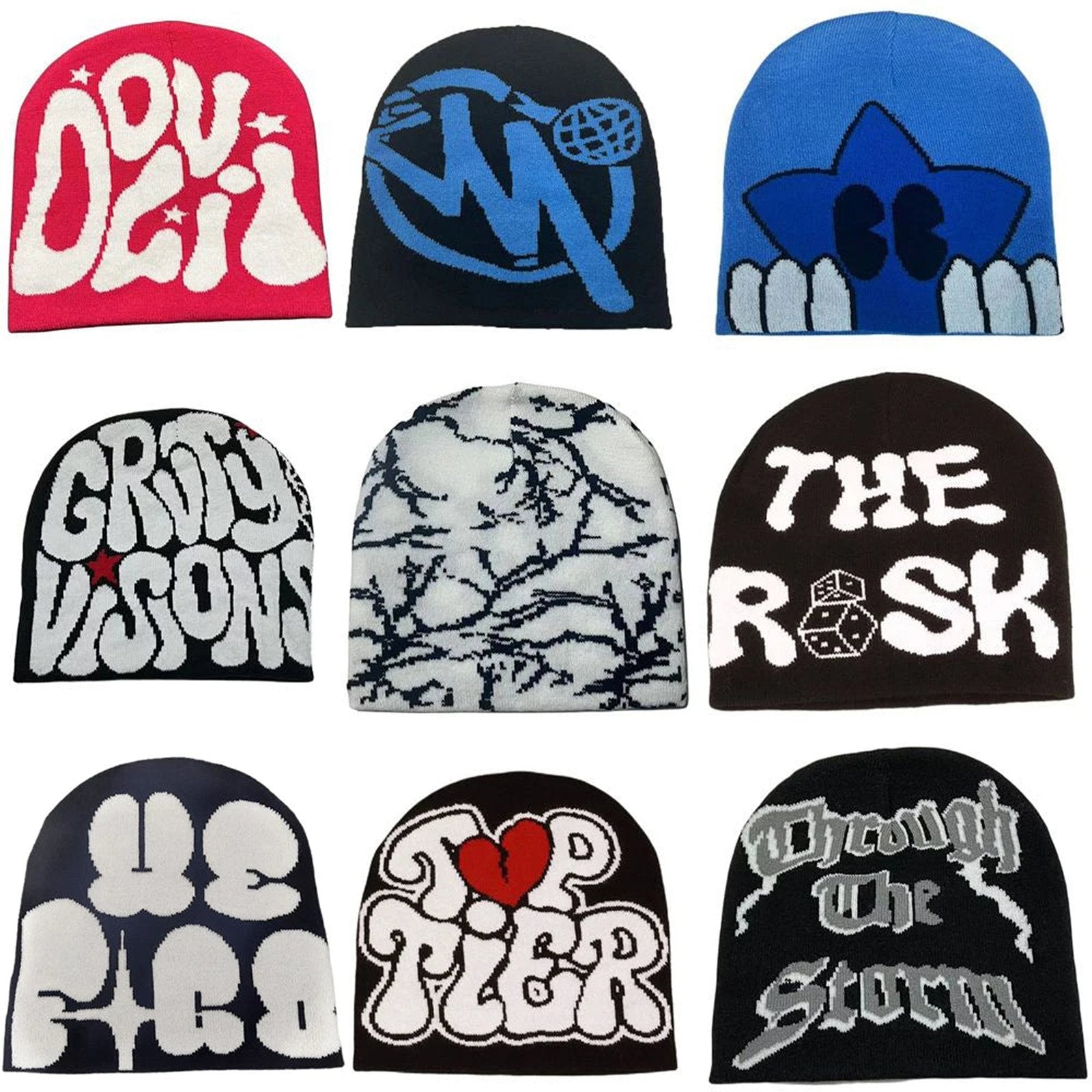 Collection of colorful Y2K beanies for women and men with unique designs and graphics