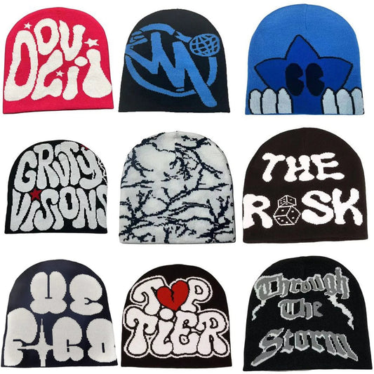 Collection of colorful Y2K beanies for women and men with unique designs and graphics