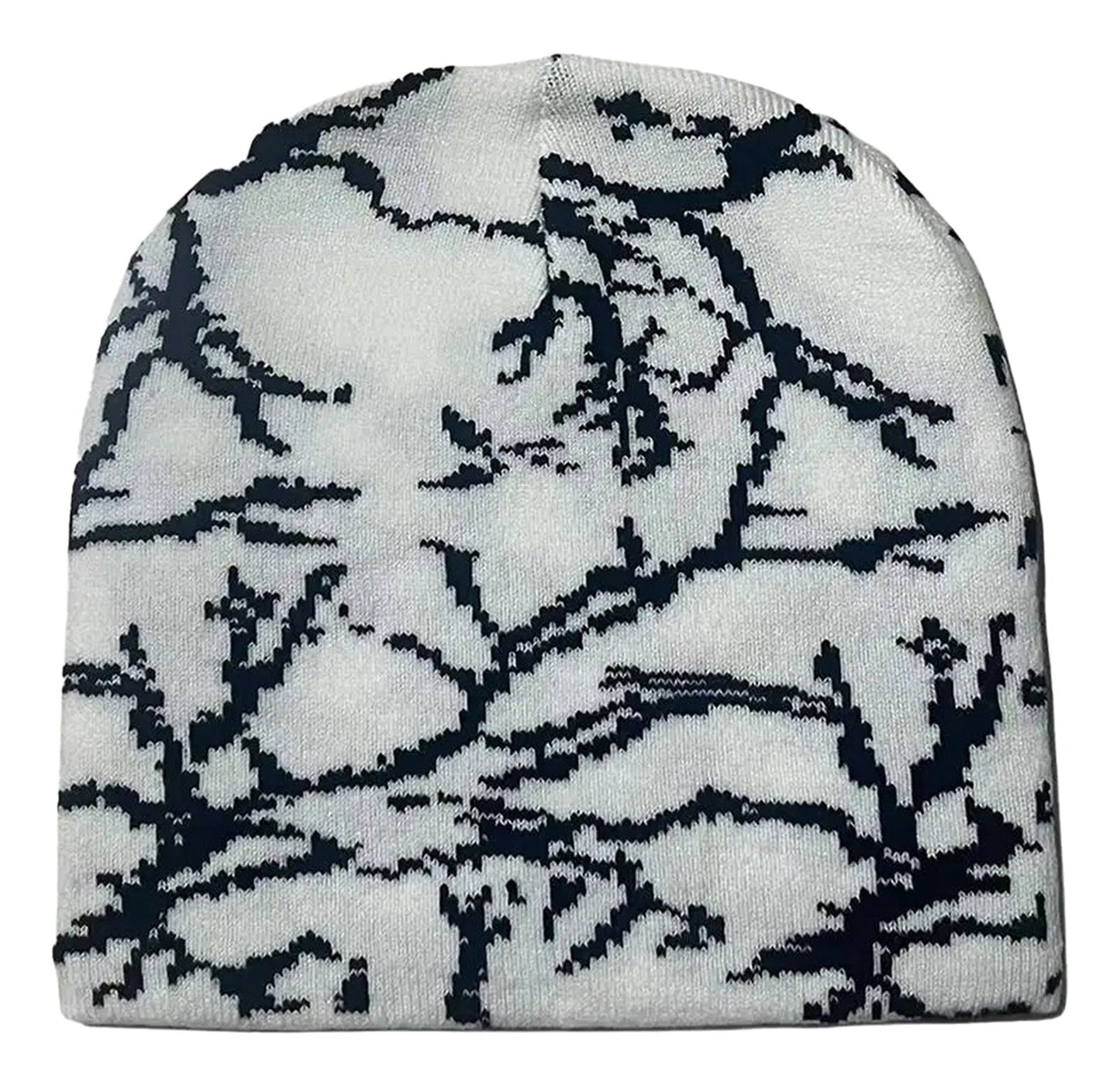 LuckeLadybug LLC Y2K beanies for women and men featuring a stylish black and white floral design