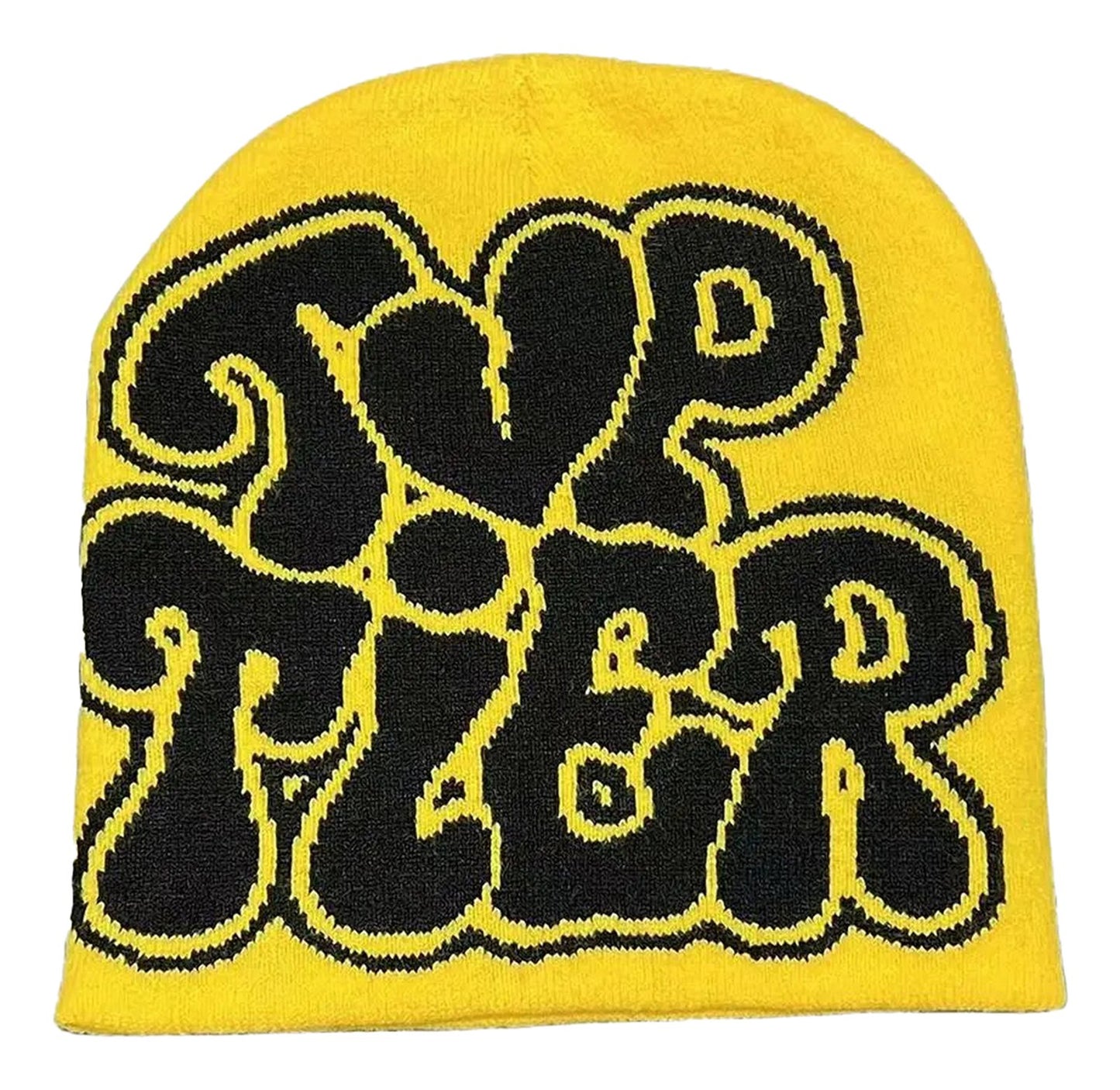 Yellow Y2K beanie for women and men featuring bold black graphics with tiered lettering