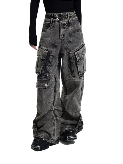LuckeLadybug LLC y2k cargo jeans for women in gray with oversized pockets and relaxed fit