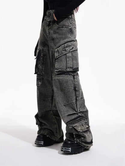 LuckeLadybug LLC Y2K cargo jeans for women featuring a baggy design with multiple pockets in gray