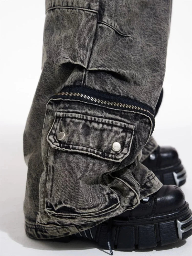 Y2K cargo jeans for women in gray with zipper pockets and stylish baggy fit