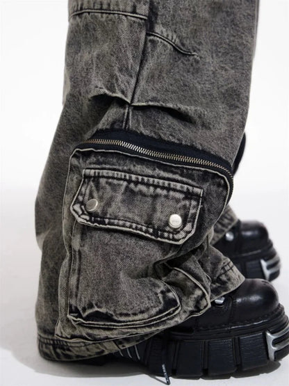 Y2K cargo jeans for women in gray with zipper pockets and stylish baggy fit