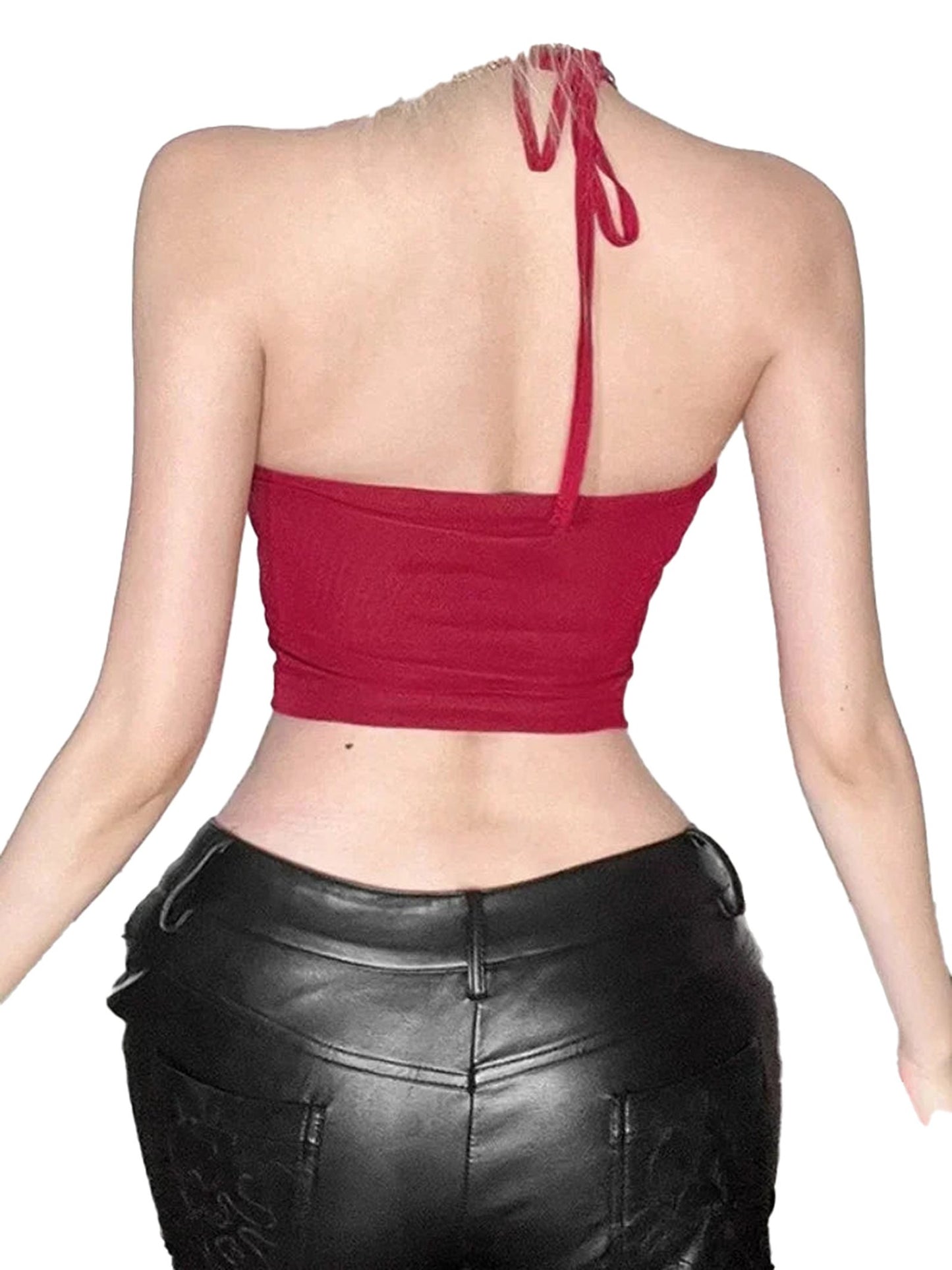 Back view of a red Y2k corset crop top with halter tie and fitted design for a trendy look