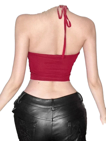 Back view of a red Y2k corset crop top with halter tie and fitted design for a trendy look