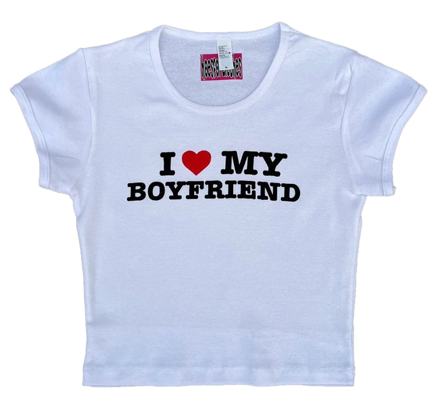 White Y2K crop top for women with black 'I love my boyfriend' graphic print