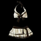 LuckeLadybug Y2K fashion bikini with halter top and ruffled skirt detail in cream and black