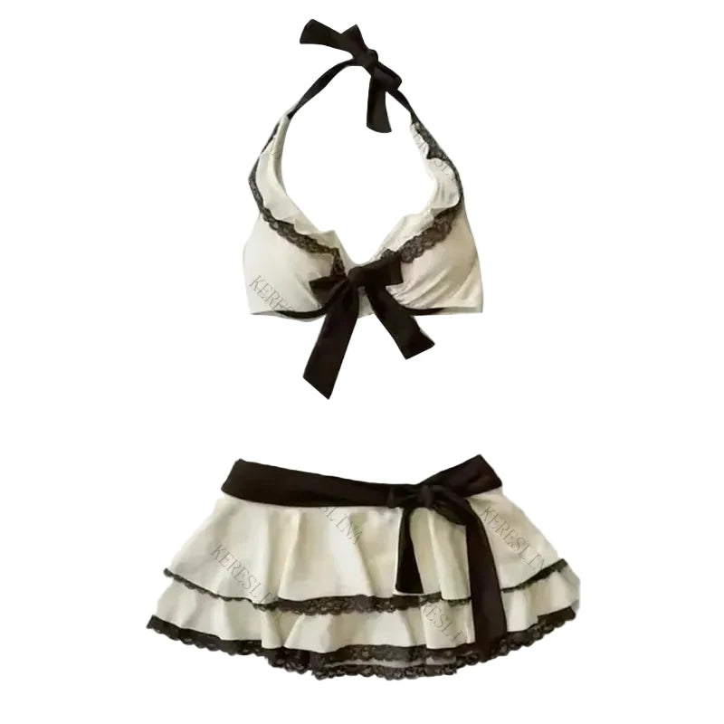 LuckeLadybug Bikini Set in Cream and Brown, Perfect for Y2K Fashion Enthusiasts