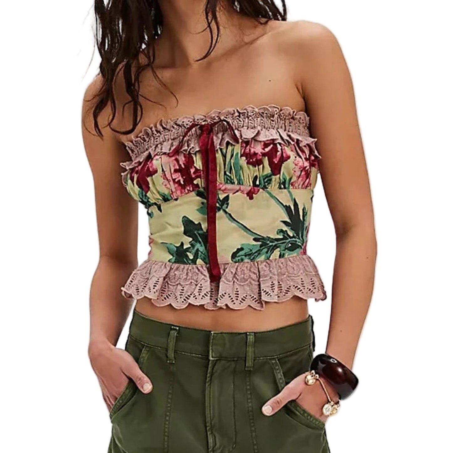 LuckeLadybug LLC y2k floral corset top with colorful floral print and lace trim