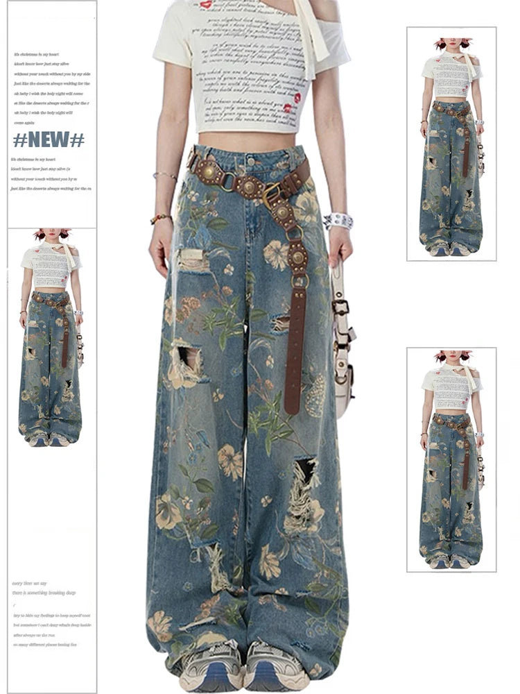 Y2K graphic print ripped jeans women with floral design and wide leg fit for a trendy look