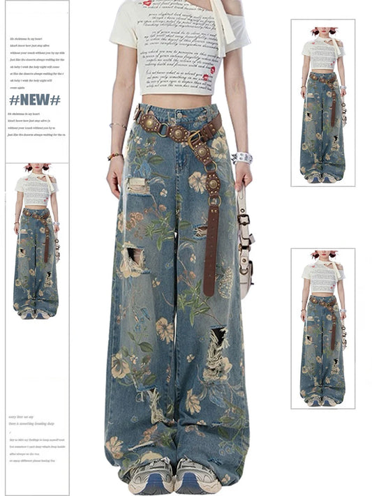 Y2K graphic print ripped jeans women with floral design and wide leg fit for a trendy look