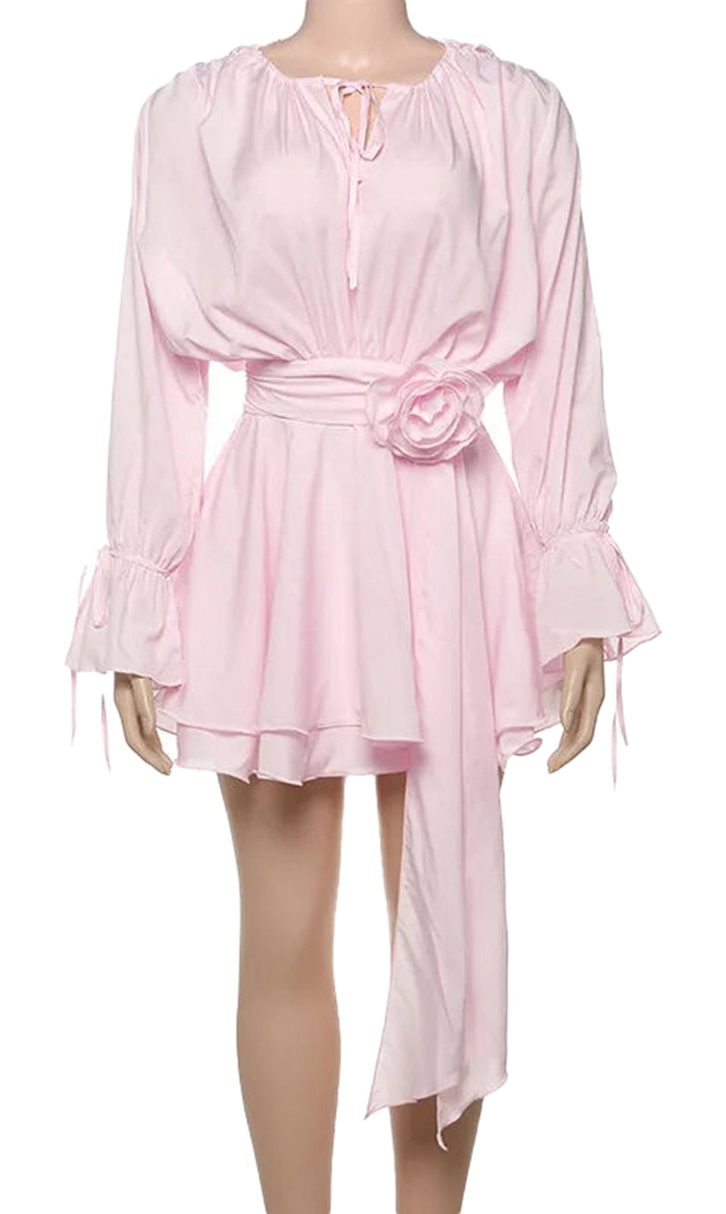 LuckeLadybug LLC Y2K ruffle mini dress for women in soft pink with a belted waist and flowy sleeves