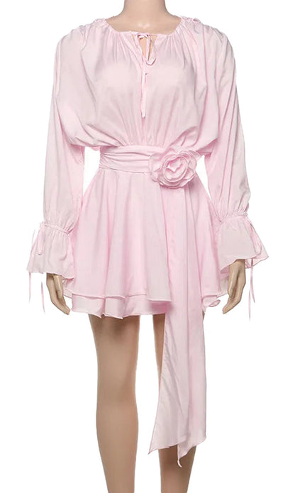 LuckeLadybug LLC Y2K ruffle mini dress for women in soft pink with a belted waist and flowy sleeves