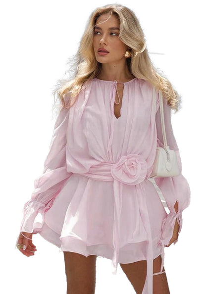 Pink Y2K ruffle mini dress for women with bell sleeves and a floral belt for a trendy look